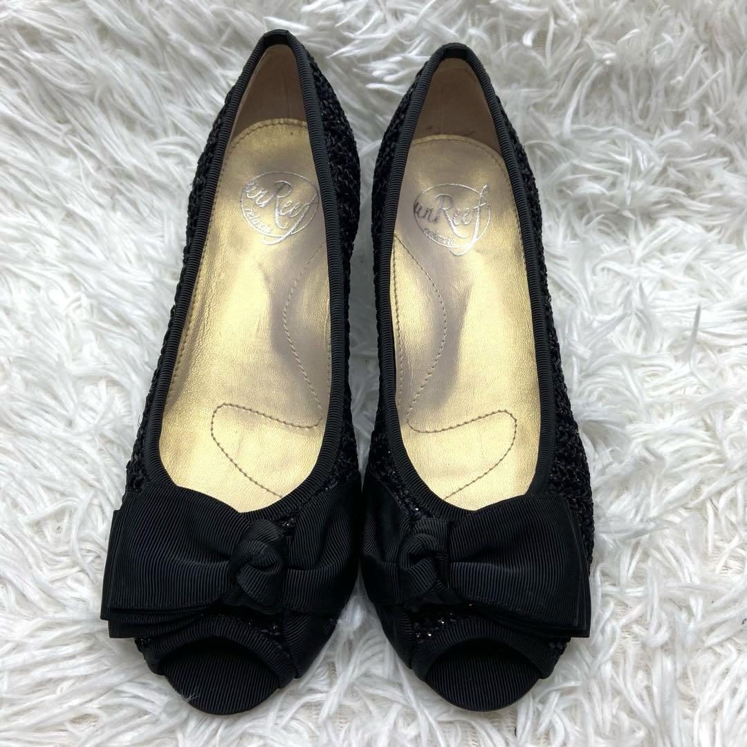 極美品✨unReef パンプス オープントゥ リボン メッシュ 黒 ラメ 24