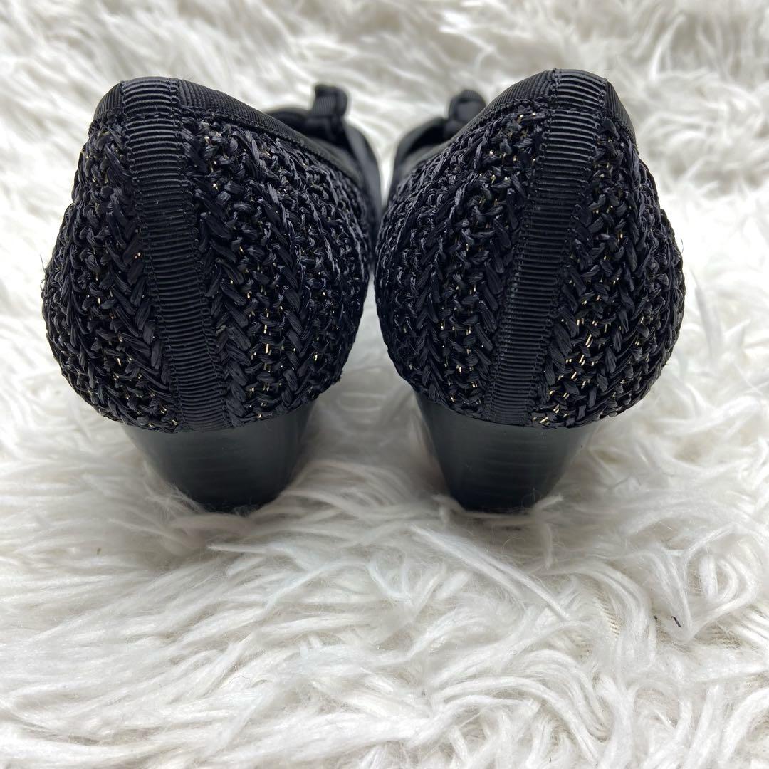 極美品✨unReef パンプス オープントゥ リボン メッシュ 黒 ラメ 24