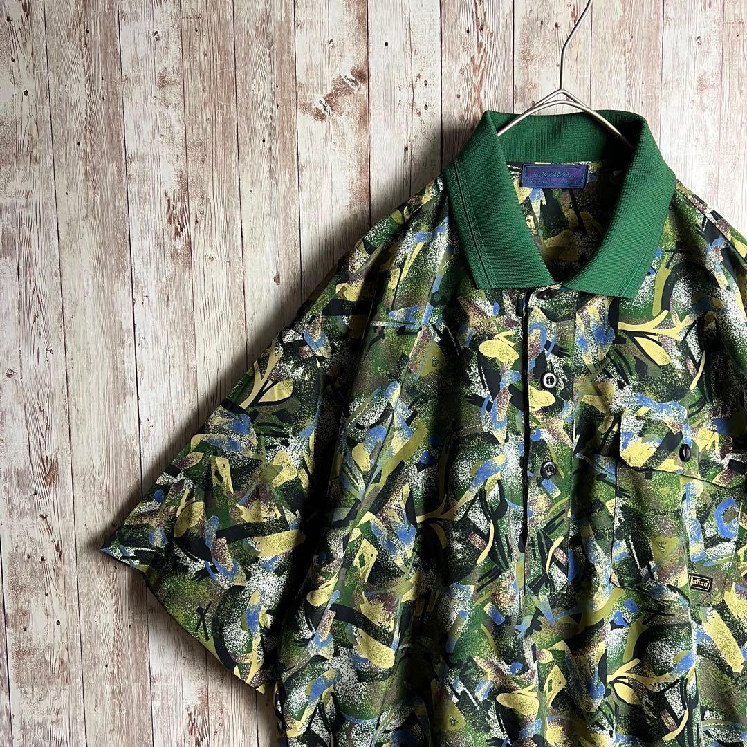 人気商品の 古着 総柄 半袖シャツ ポロシャツ ハーフボタン グリーン