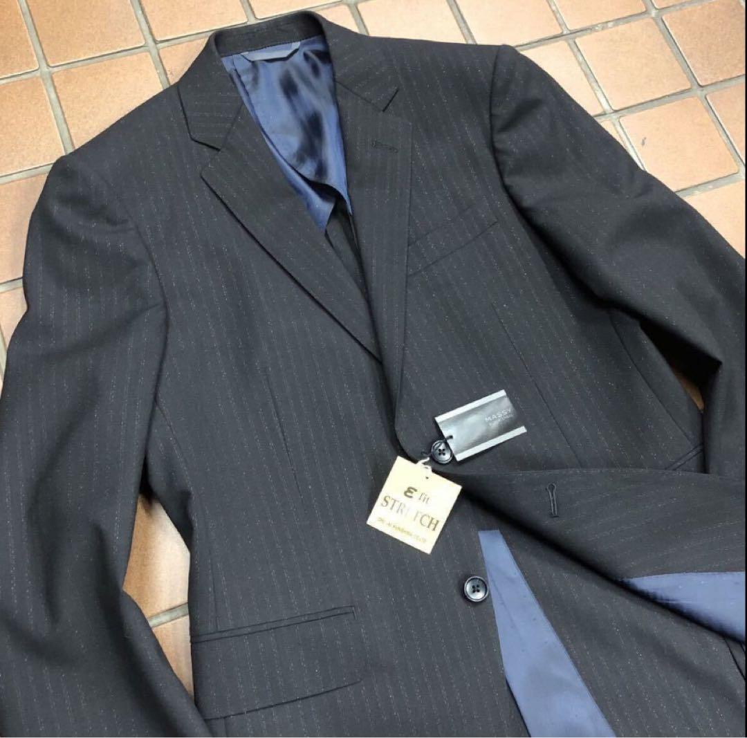 【新品】スリムメンズスーツ ストライプスーツ/黒に近い紺/サイズL YA6