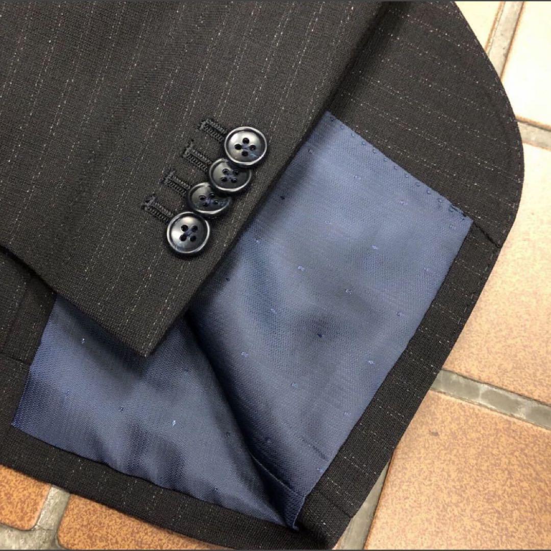 【新品】スリムメンズスーツ ストライプスーツ/黒に近い紺/サイズL YA6