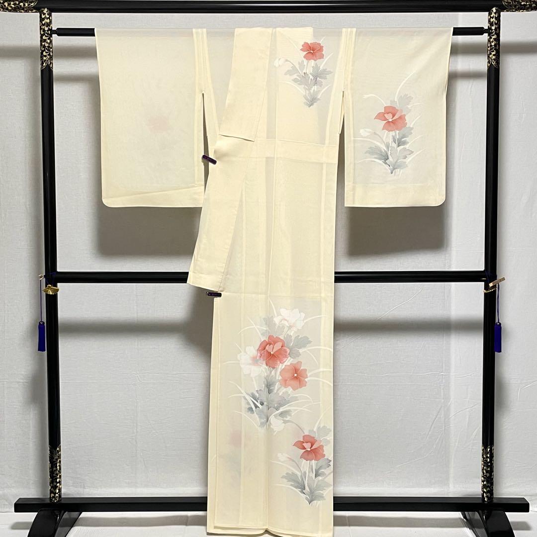 D982 夏着物 訪問着 花模様 絽 正絹 クリーム系 極美品 - メルカリ