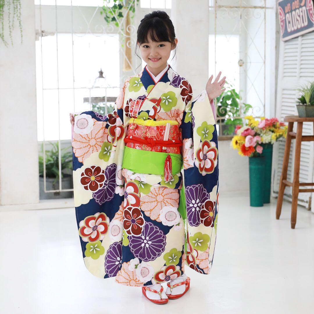七五三 ７歳 着物フル16点セット　28.クリーム地に菊・梅と雲