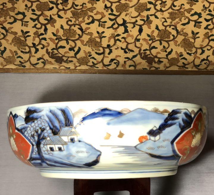 古伊万里、錦大鉢 古伊万里 大鉢 錦手 金蘭手 花鳥図 羊歯紋 骨董 時代物 千鳥 風景