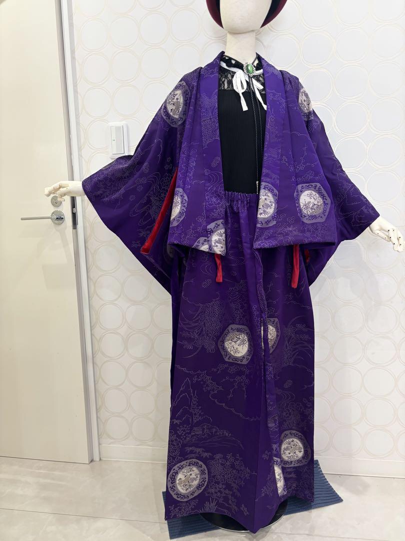 ۞ 914 着物リメイク 夏着物 黒 麻の葉模様 ショート丈羽織