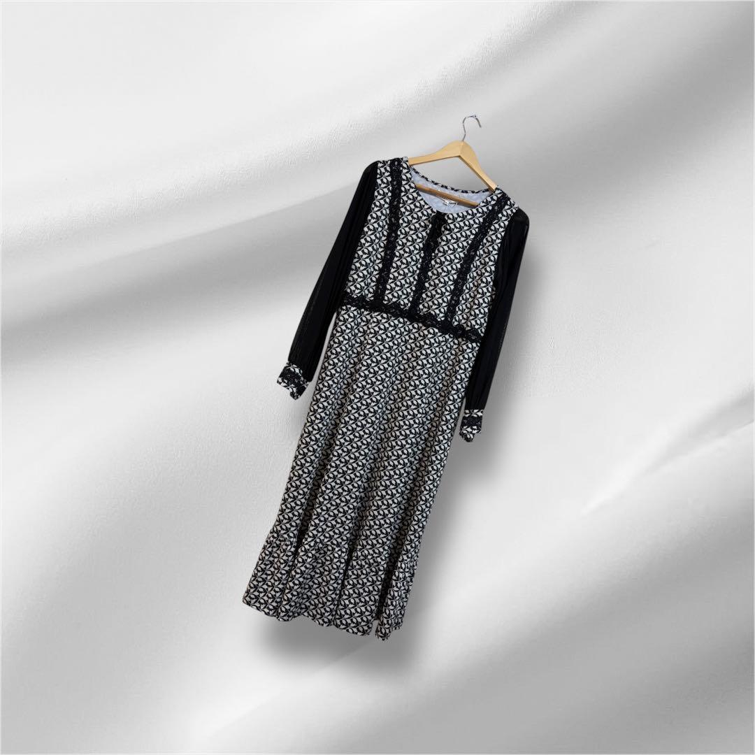 2025AW ︎スーパービューティー ︎ 袖パワーネットモノトーン柄ワンピース 44XL LL super beauty