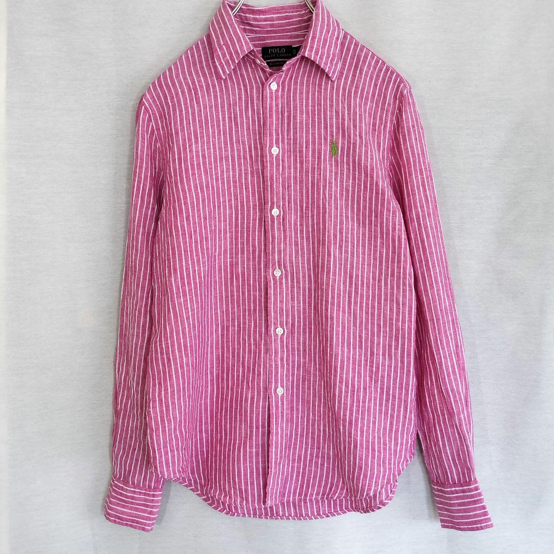 超格安一点 POLO RALPH LAUREN リネンシャツ ピンク ストライプ ポニー刺繍 トップス