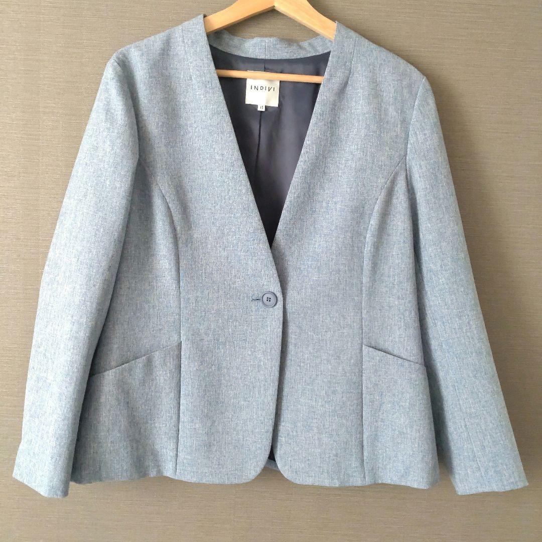 美品　インディヴィ　洗える　ノーカラージャケット　15号　日本製