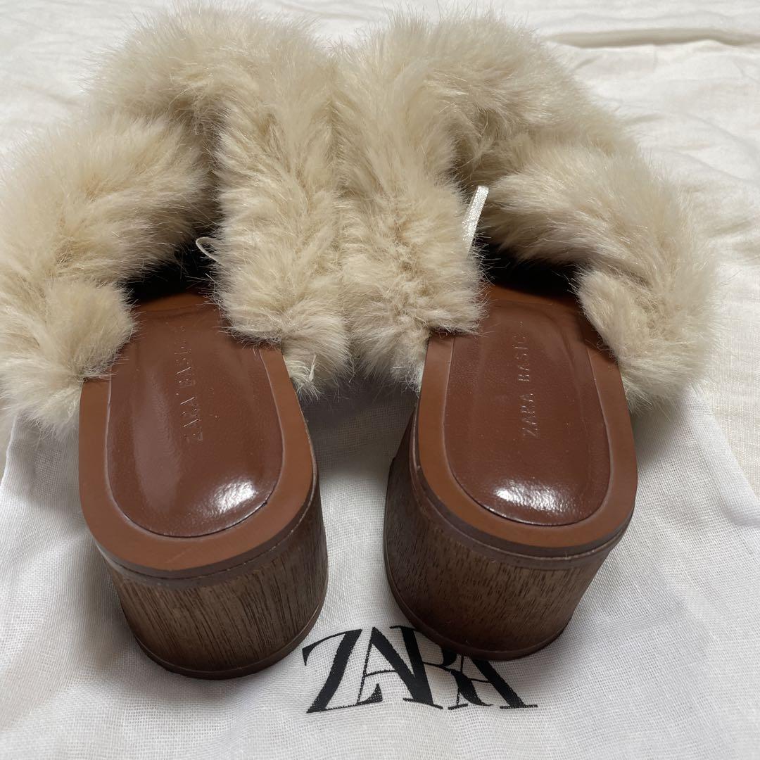 ZARA ファーサンダル 39 リアルファー効果入りレザー キトゥンヒールサンダル LIMITED