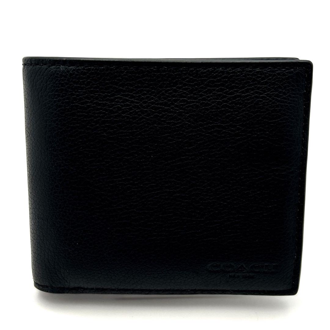 新品未使用・箱付き　COACH シグネチャー 折り財布 パスケース付き ブラック 未使用級】COACH ブラック 二つ折り財布 取り外しパスケース付き