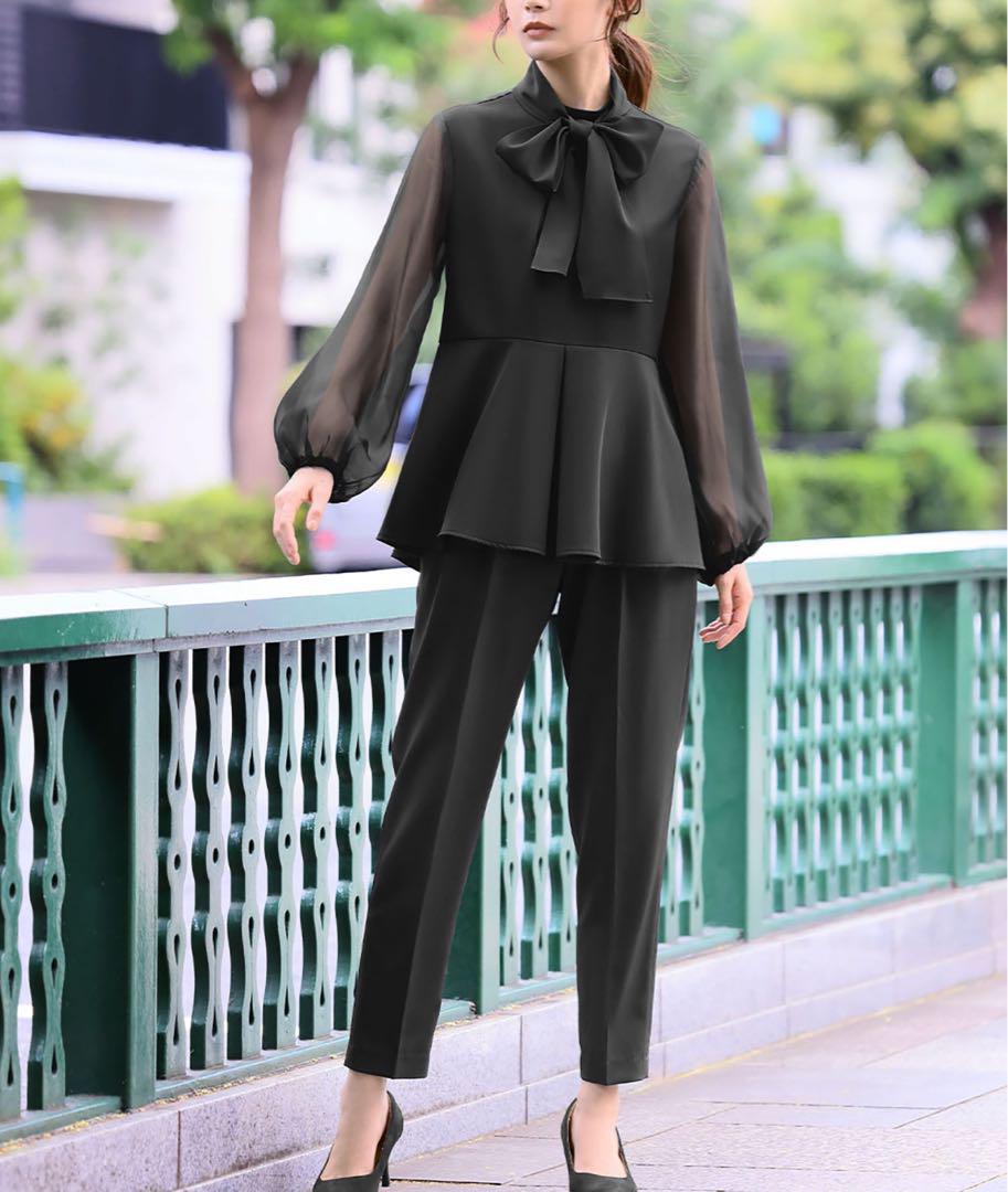 2WAYボウタイシアーペプラムブラウス・テーパードパンツ セットアップドレス