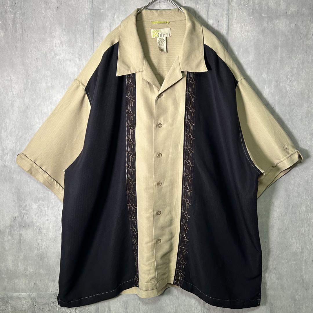 レーヨン 刺繍 ツートン キューバシャツ オープンカラー 黒 ベージュ