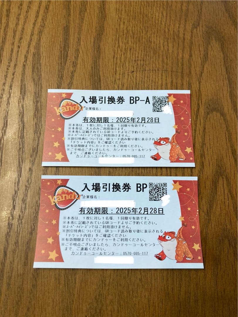 【即日発送】カンドゥー　チケット　2枚　親子入場券　ハイシーズン 即日発送カンドゥー ハイシーズン親子入場券(金券1000円分付) - メルカリ