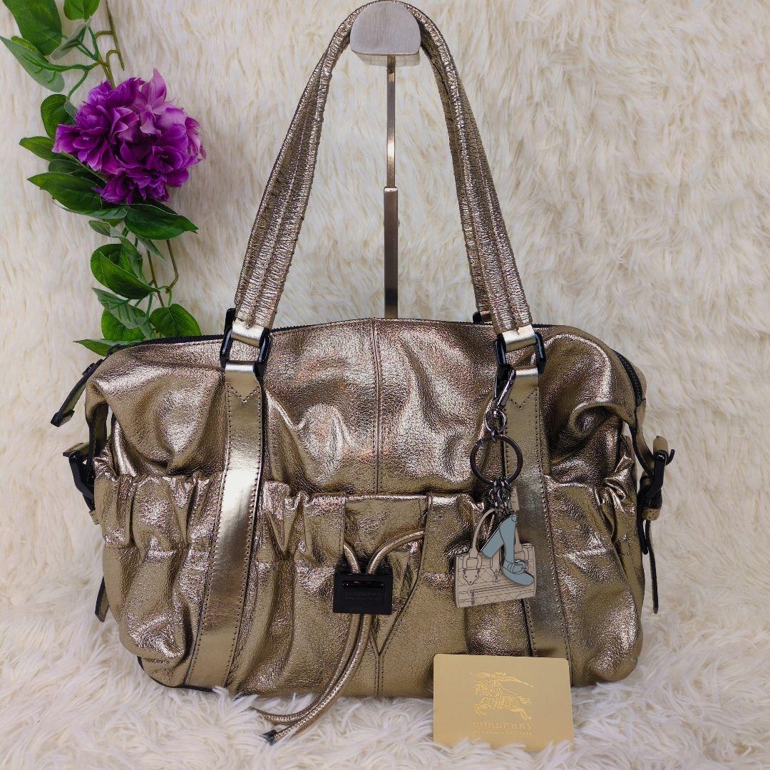 大容量　豪華　BURBERRY キーホルダー付　ゴールド　トートバッグ