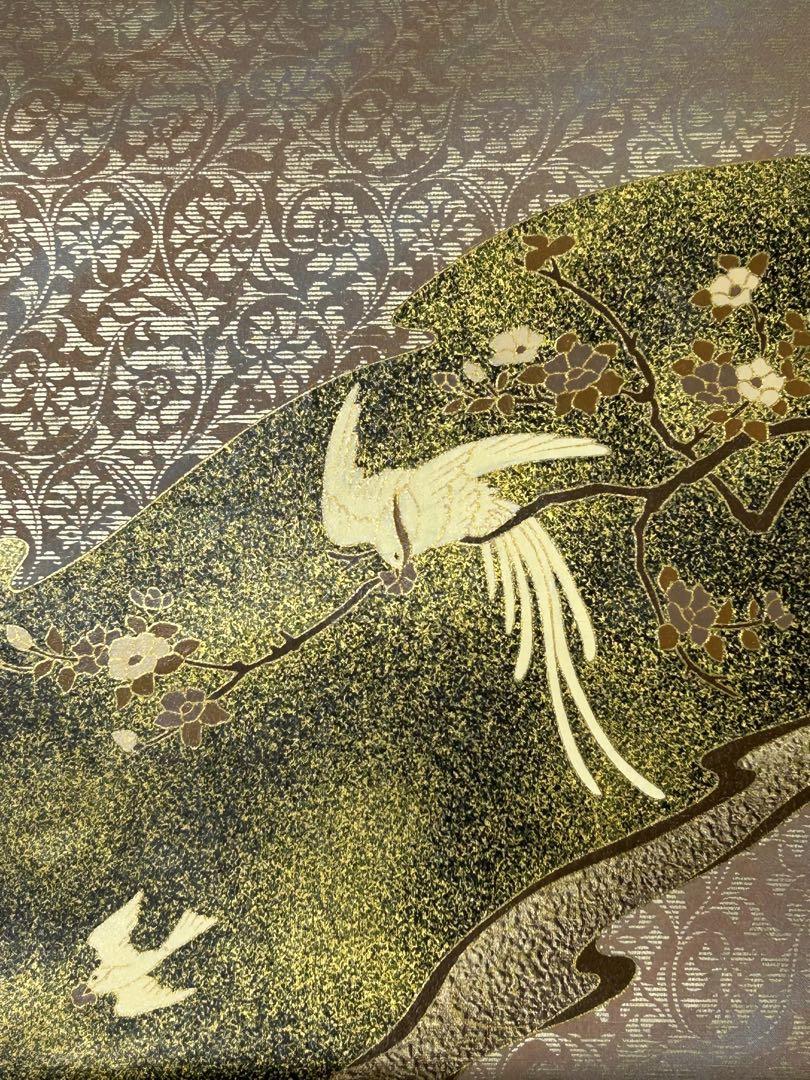 GB-14 袋帯　牛首紬　鳥　花　金彩　落款
