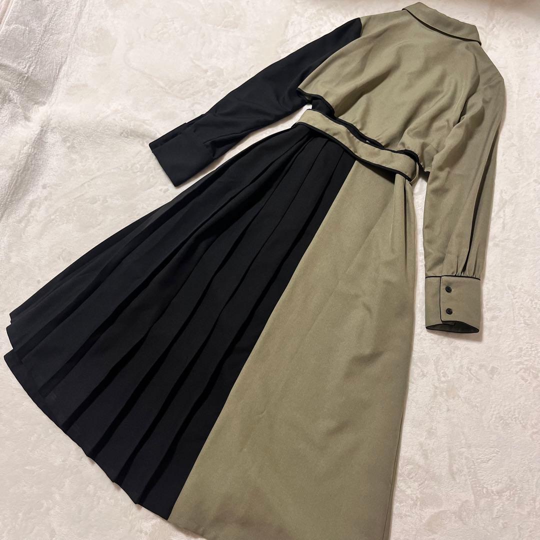 極美品✨UNITEDTOKYO パイピングプリーツワンピース　バイカラー　カーキ