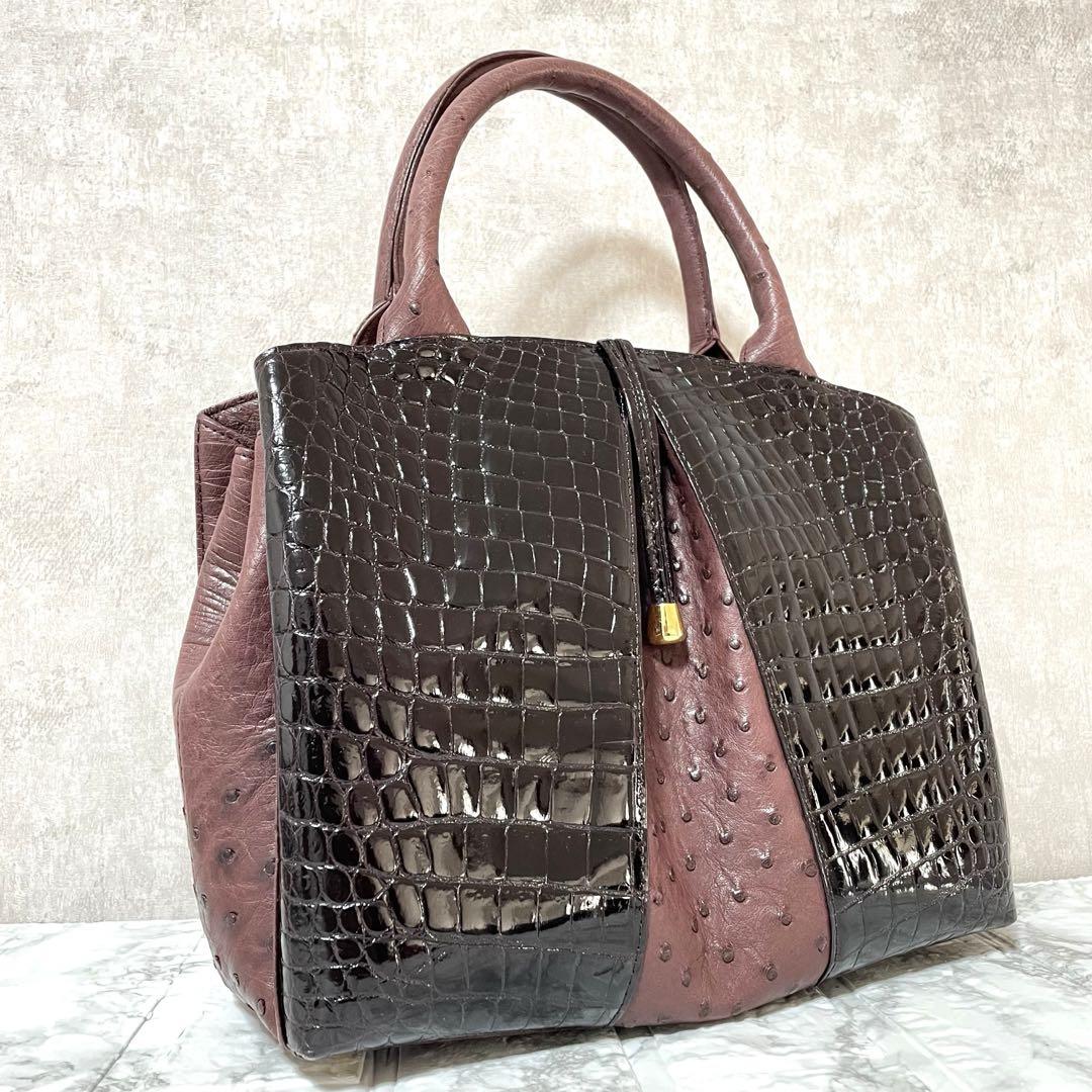 JRA認定　クロコダイル×オーストリッチ　コンビ　ハンドバッグ　ボルドーバッグ