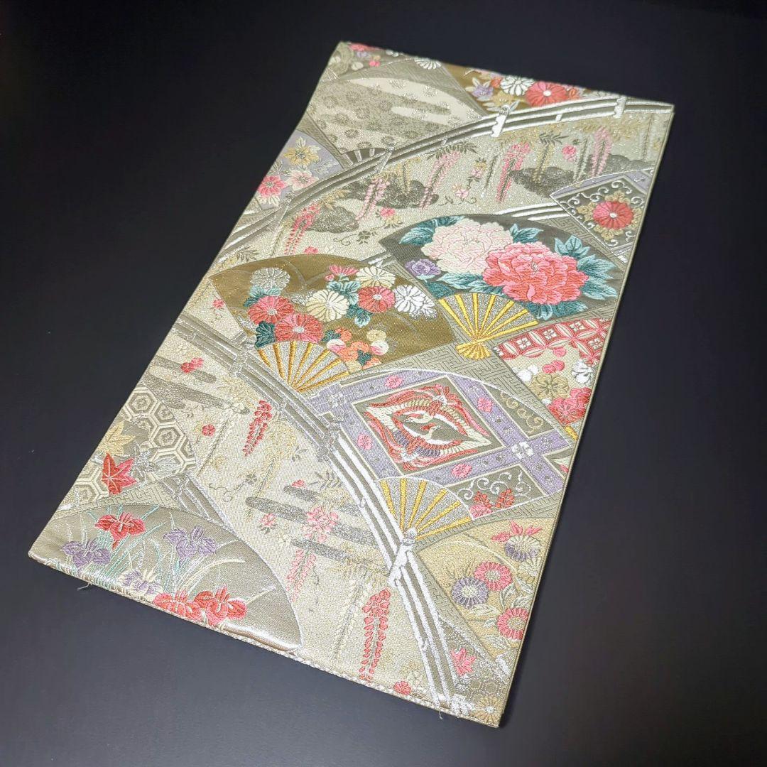 H-632 袋帯 正絹 六通 金糸 銀糸 銀彩 扇 牡丹 菊 藤 鶴 七宝柄