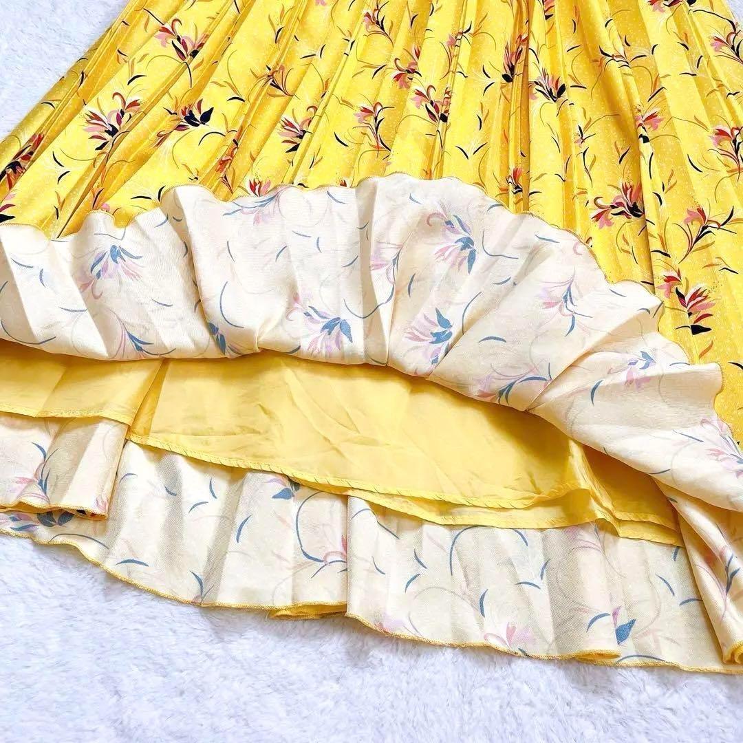 《美品》ANAYI ドットフラワープリーツスカート 花柄 ロング イエロー M