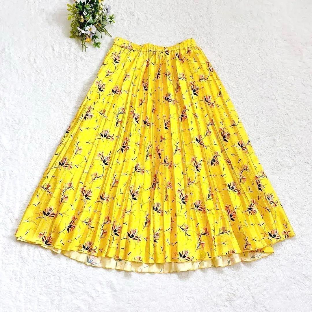 《美品》ANAYI ドットフラワープリーツスカート 花柄 ロング イエロー M