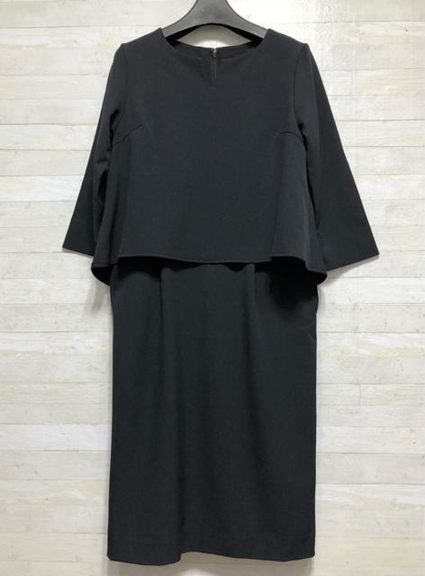 新品☆S♪黒系無地♪重ね着風キーネックワンピ♪お仕事・フォーマル☆p672