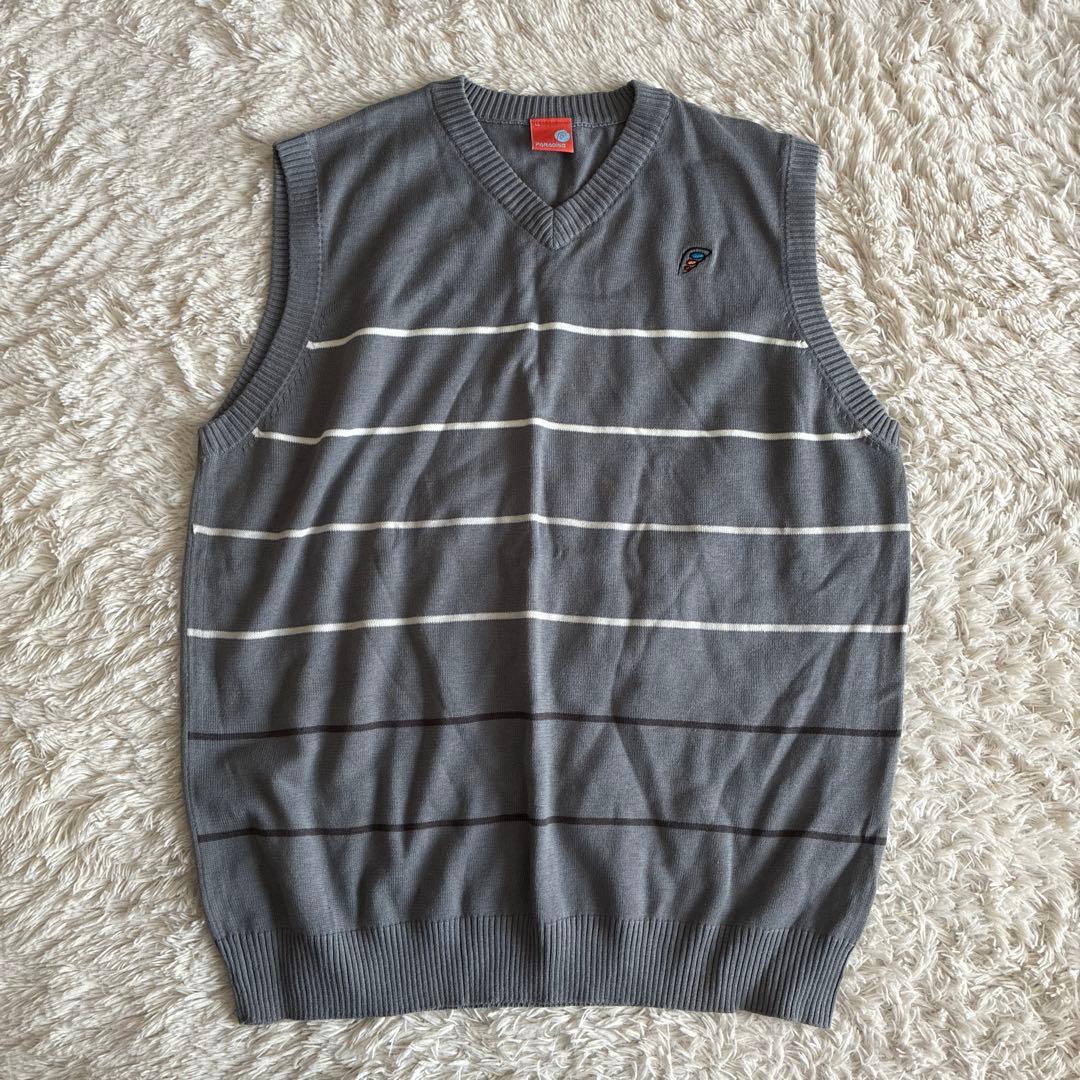 【Near Mint Condition!!】Golf Wear Knit Vest, Border Pattern, Gray, XL (Large Size)