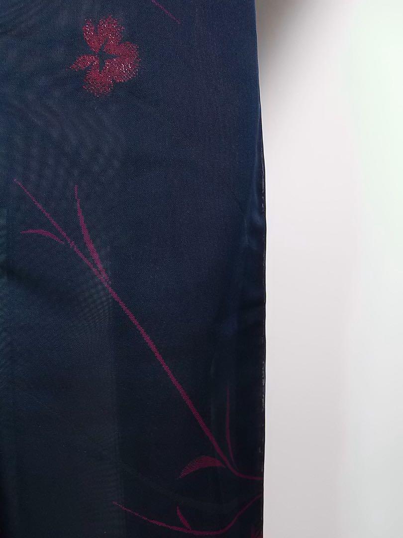未使用　二重紗　夏着物　小紋　花文様　美品　正絹　紺色×紫色系　S寸