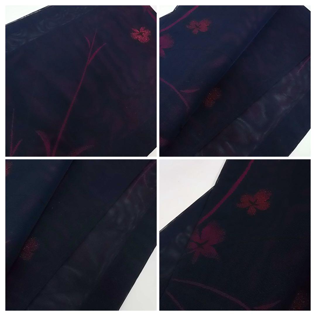 未使用　二重紗　夏着物　小紋　花文様　美品　正絹　紺色×紫色系　S寸