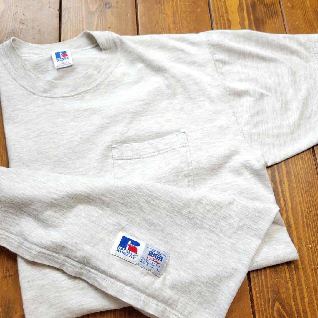 90s USA製 ラッセル ハイコットン ポケットTシャツ グレー Lサイズ