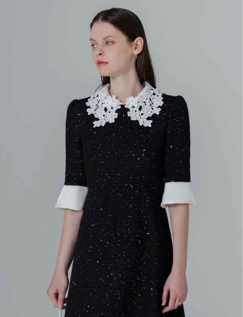 【新品】LEJA 花柄レースカラースパンコール刺繍Aラインフレアドレス　黒　M