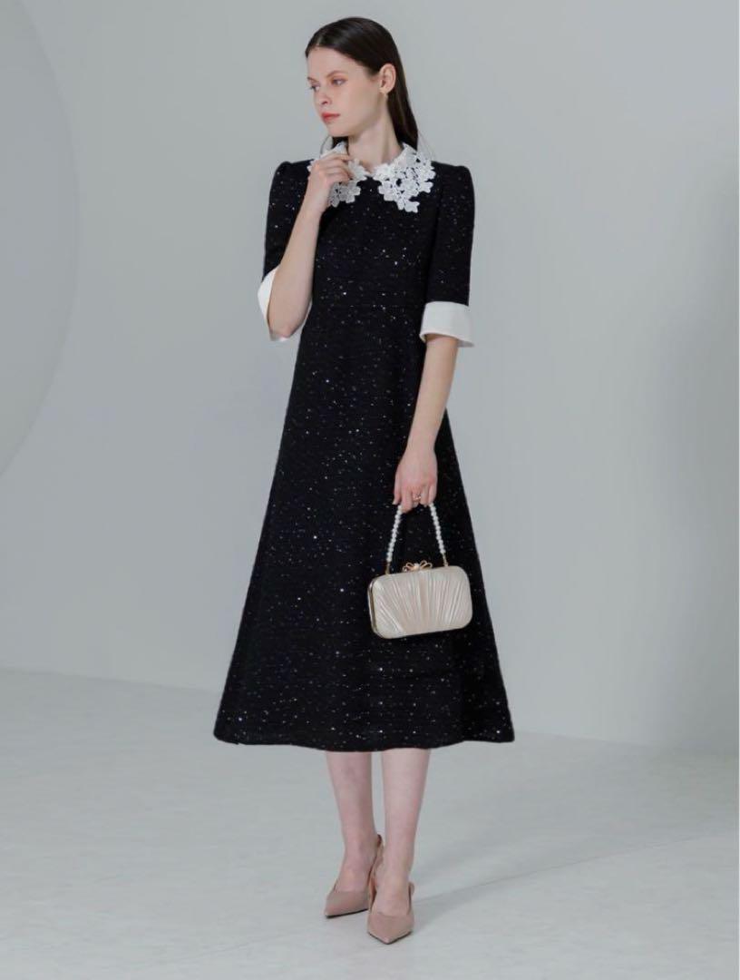 【新品】LEJA 花柄レースカラースパンコール刺繍Aラインフレアドレス　黒　M