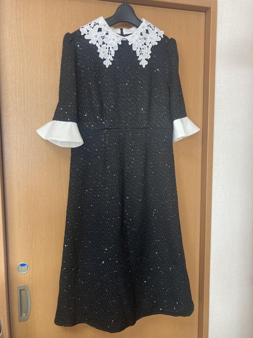 【新品】LEJA 花柄レースカラースパンコール刺繍Aラインフレアドレス　黒　M