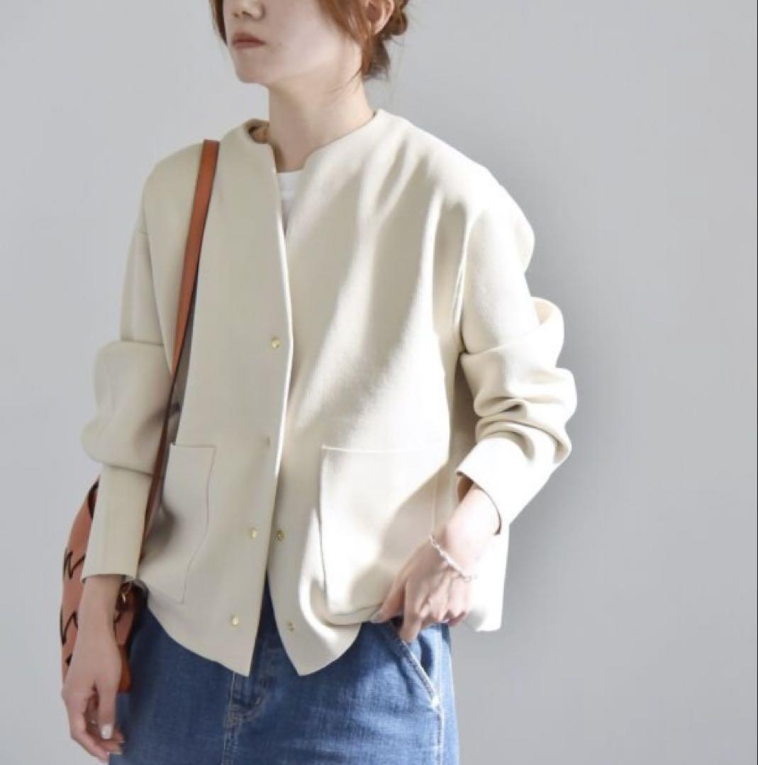 quaranciel:〈手洗い可能〉ノーカラー ポケット ニット ジャケット