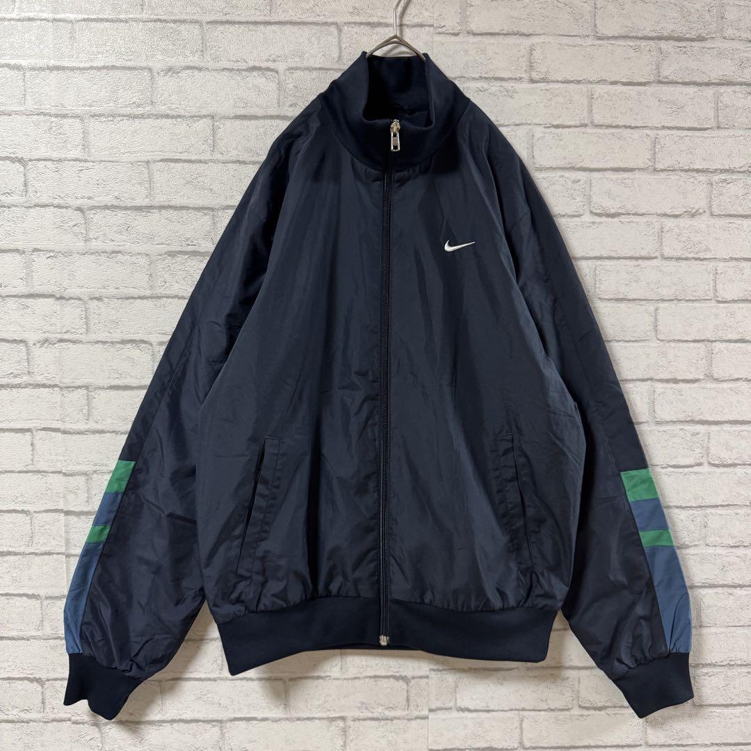 希少 好デザイン NIKE ナイキ ナイロンジャケット ジャージ 刺繍ロゴ 紺M