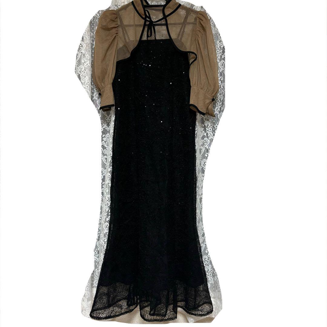 【leja】スパンコール刺繍ボタニカルマーメイドケープボレロ付きワンピースドレス