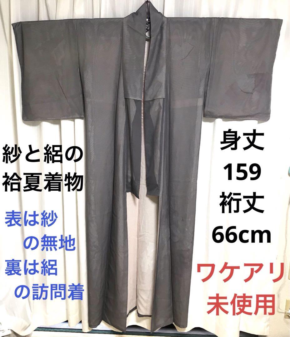 ワケアリ 紗（無地）と絽（訪問着）の袷着物 丈159 裄66cm 夏着物 絽 紗着物・浴衣