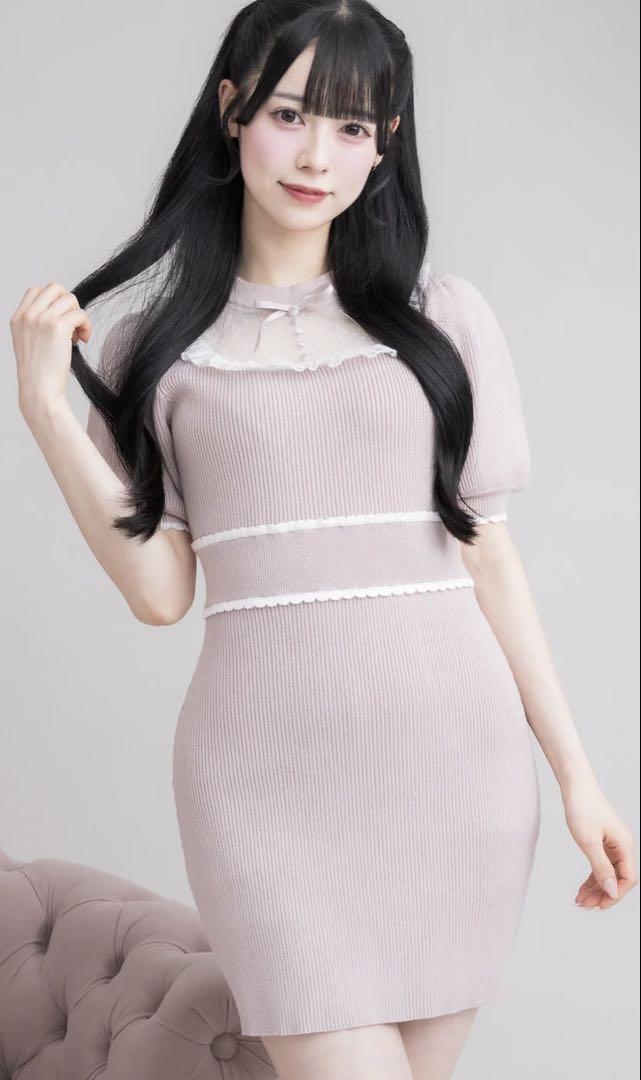 pium チュールフリルドーリーニットパフワンピ　ピンク