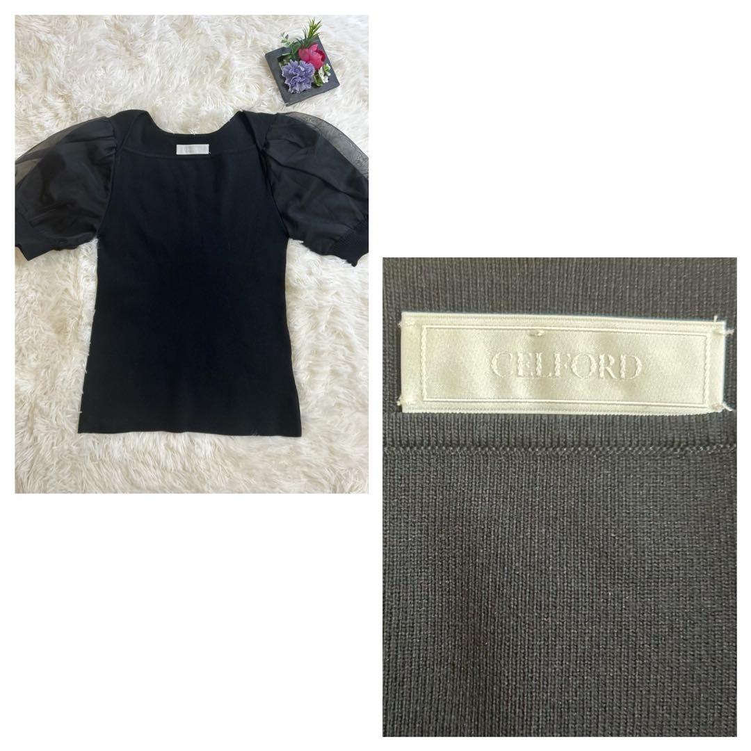 新品CELFORD 新作 15400円 シアーパフスリーブ 黒ニットセルフォード