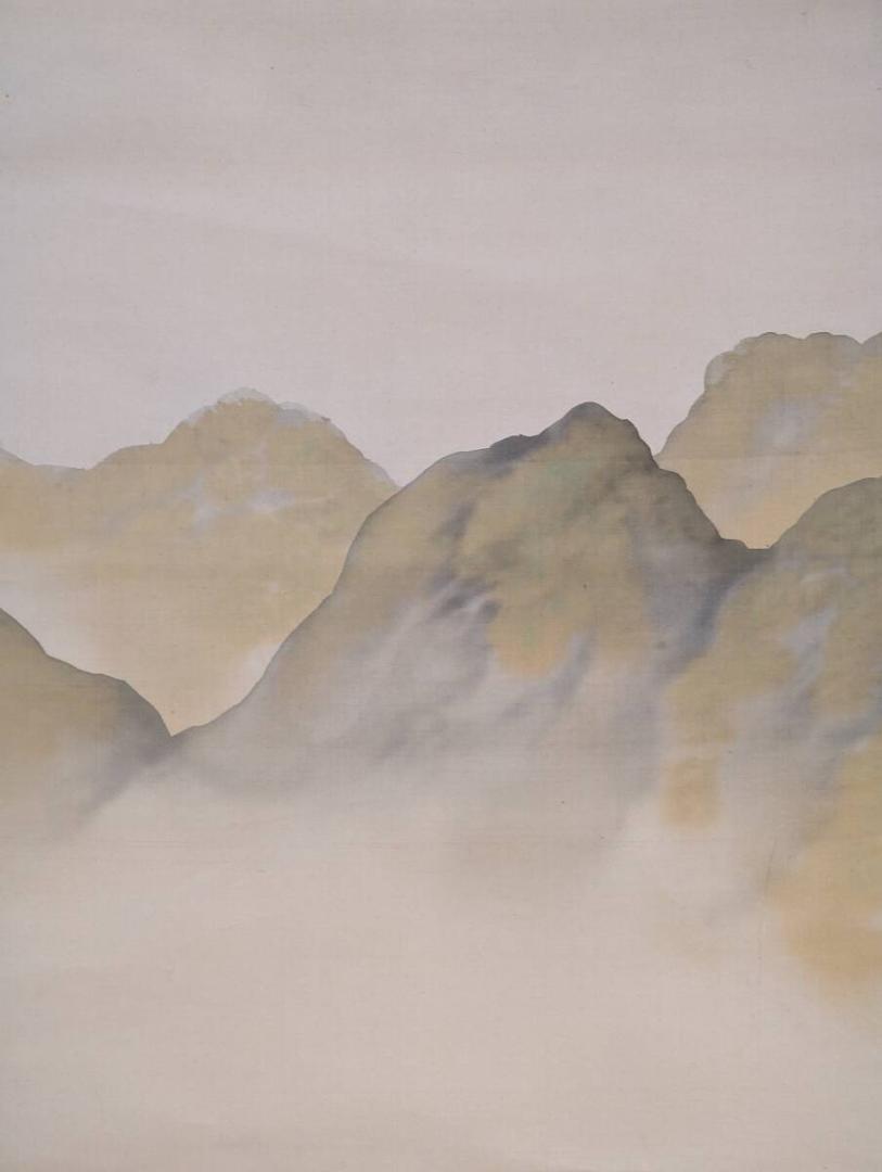 宅配 真作】掛軸 尾竹竹坡 合箱入 霧に包まれた庵と滝 幽谷山居図 絵画
