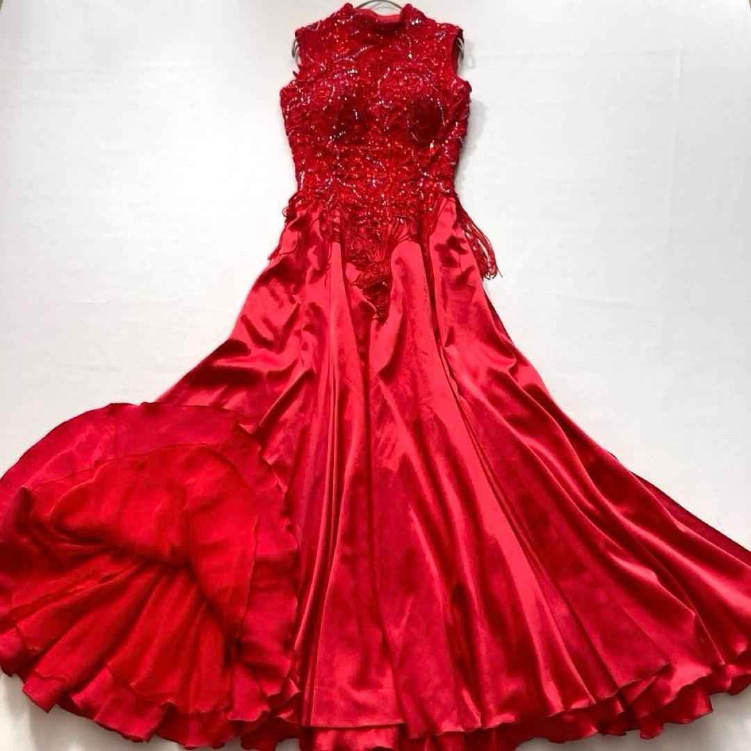 Chacott 社交ダンス ロングドレス 花柄刺繍 ビジュー装飾 赤 M