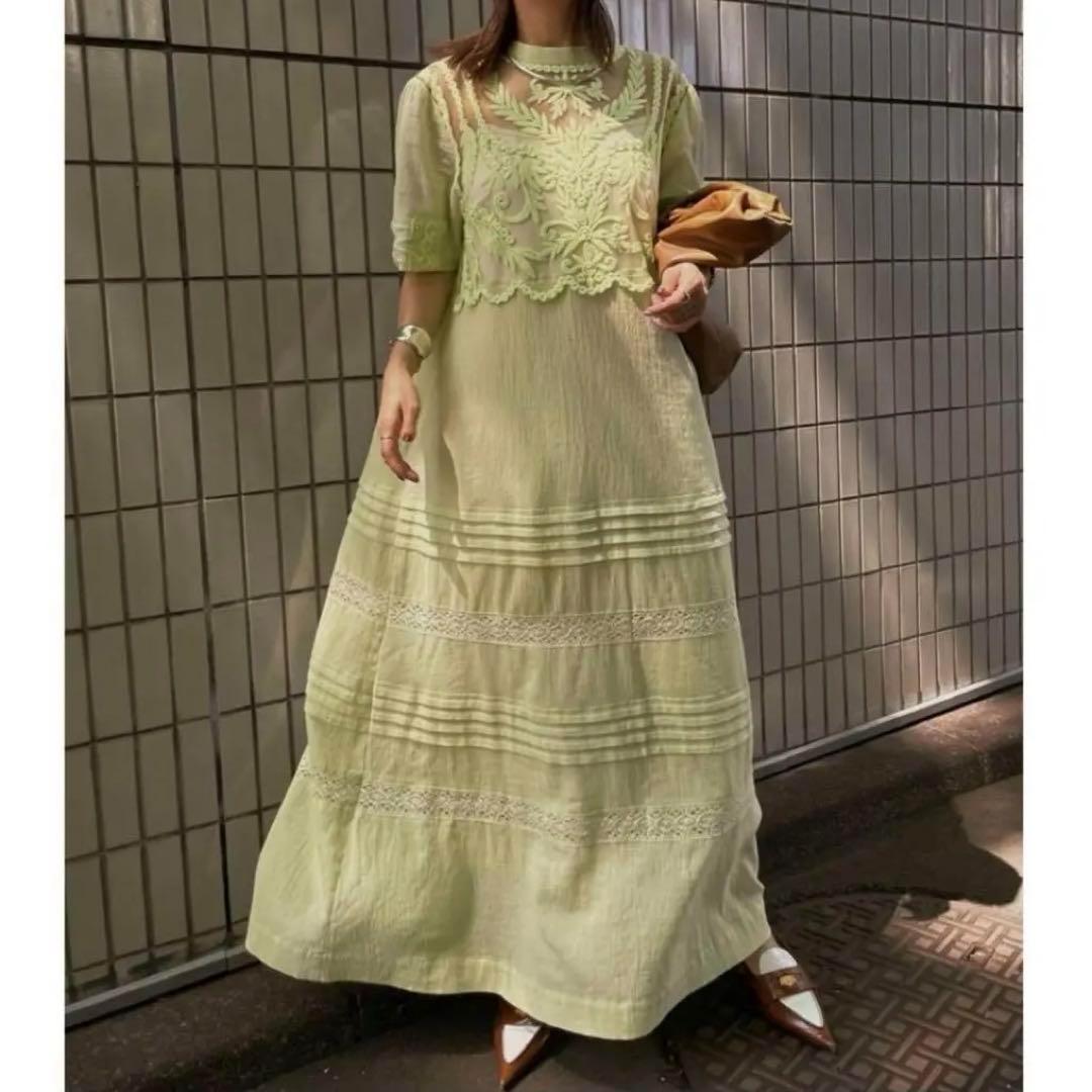 【AMERI】EMBROIDERY SHEER COTTON DRESS　M