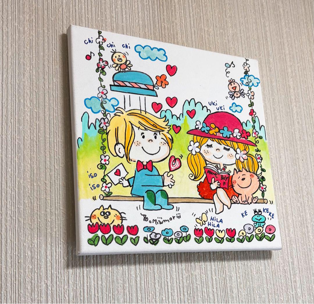 手描き油彩　水森亜土　キャンバスのみ　額なし　サイン　絵画　人気作品　壁掛け