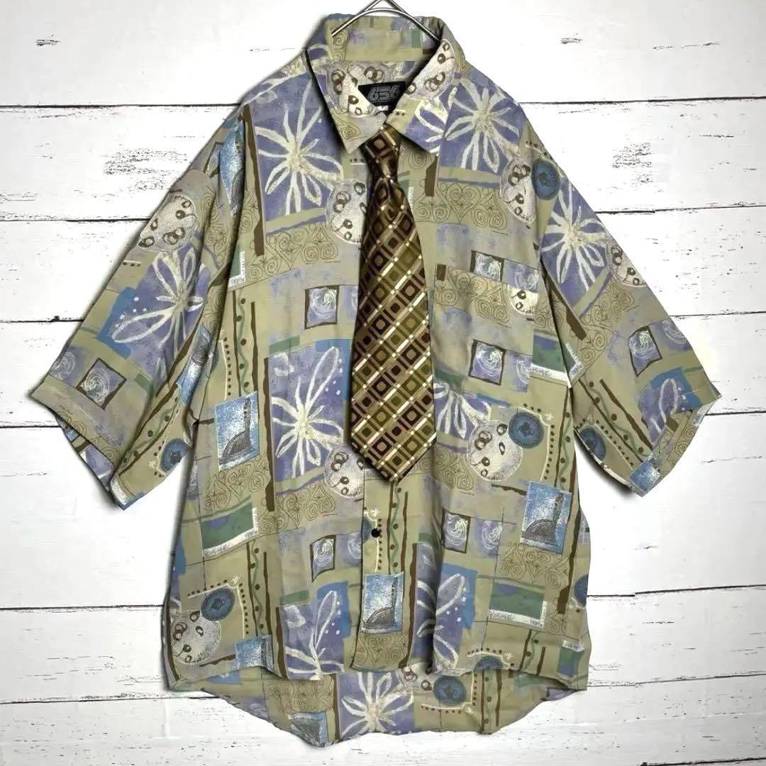 ネクタイシャツ　セット　レトロ　アート柄　柄シャツ　古着　総柄　ポリシャツ