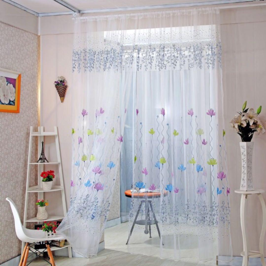 ※送料無料 レースカーテン 青色 花柄 自然 窓 部屋 DIY 新品