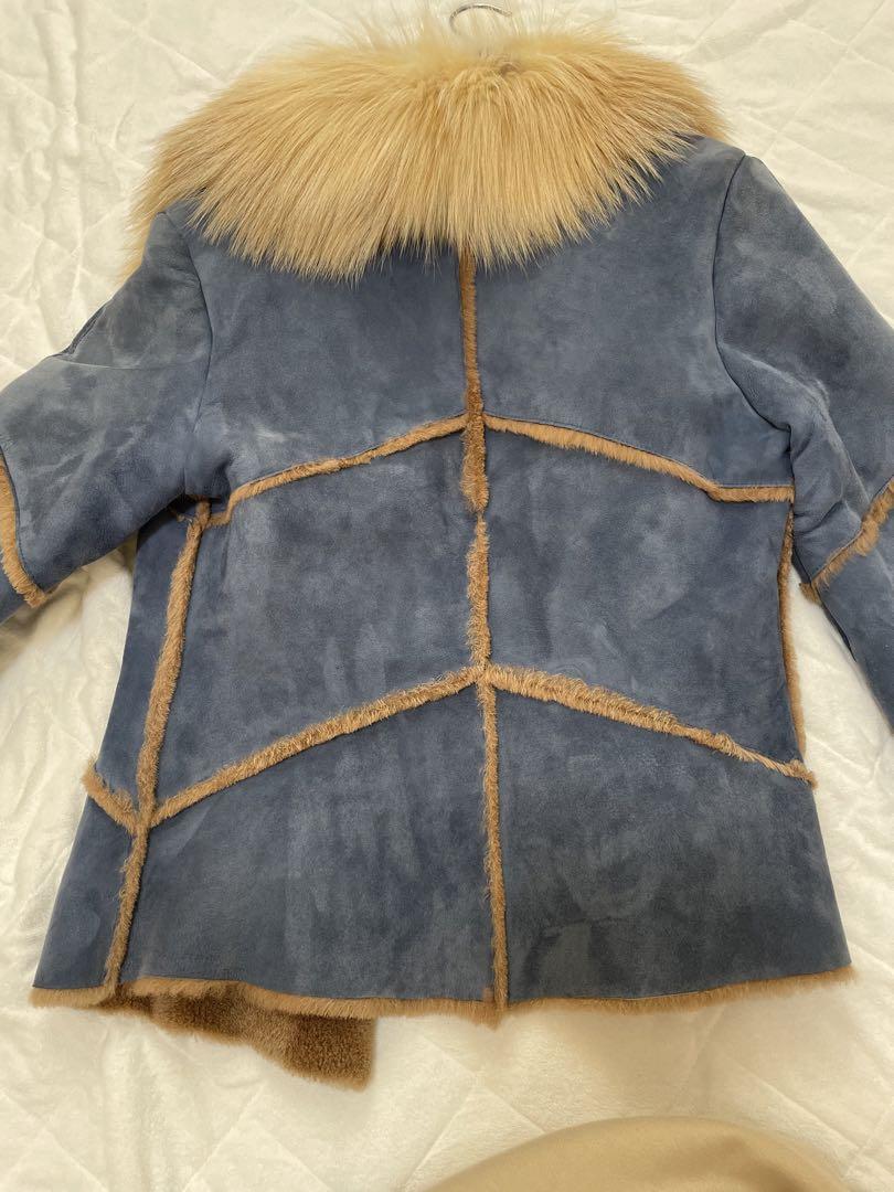 青いムートンコート ファー付き ショートジャケット