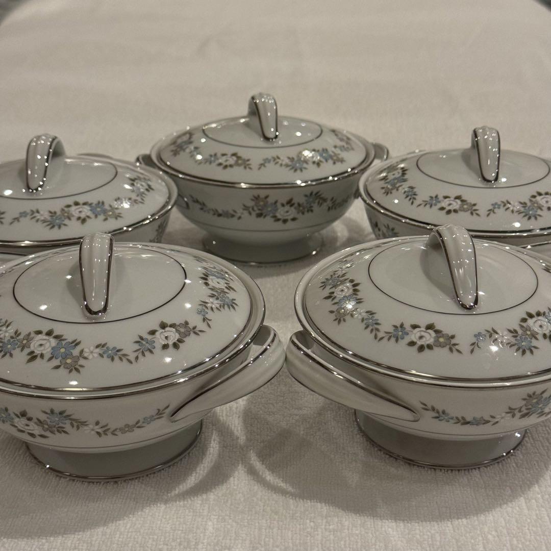 【美品】ノリタケスープカップ小5客蓋、両取手付花柄