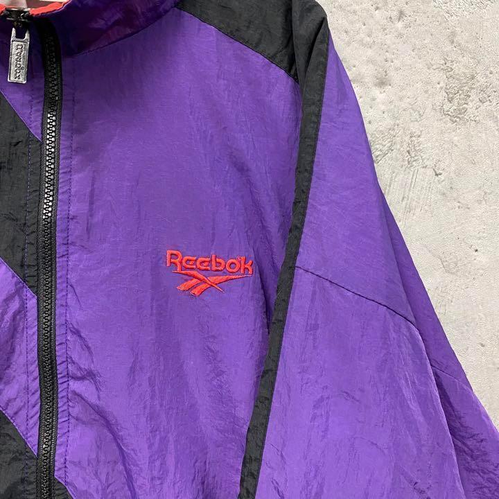 レア90s US古着○リーボック 両面刺繍ナイロンジャケット パープル XL