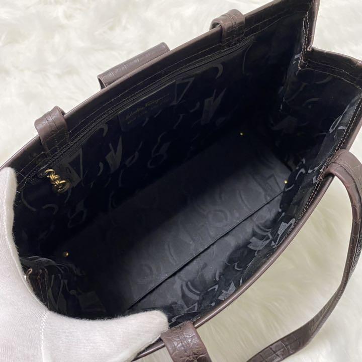 安い日本製 美品 フェラガモ トートバッグ ヴァラリボン クロコ型押し レザー ブラウン LZXsa-m13273669130 国産低価