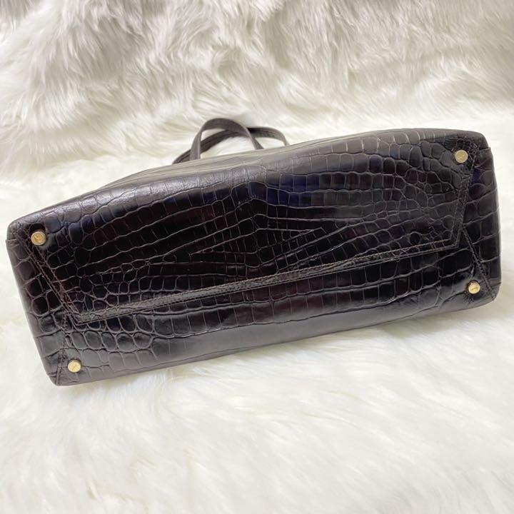 安い日本製 美品 フェラガモ トートバッグ ヴァラリボン クロコ型押し レザー ブラウン LZXsa-m13273669130 国産低価
