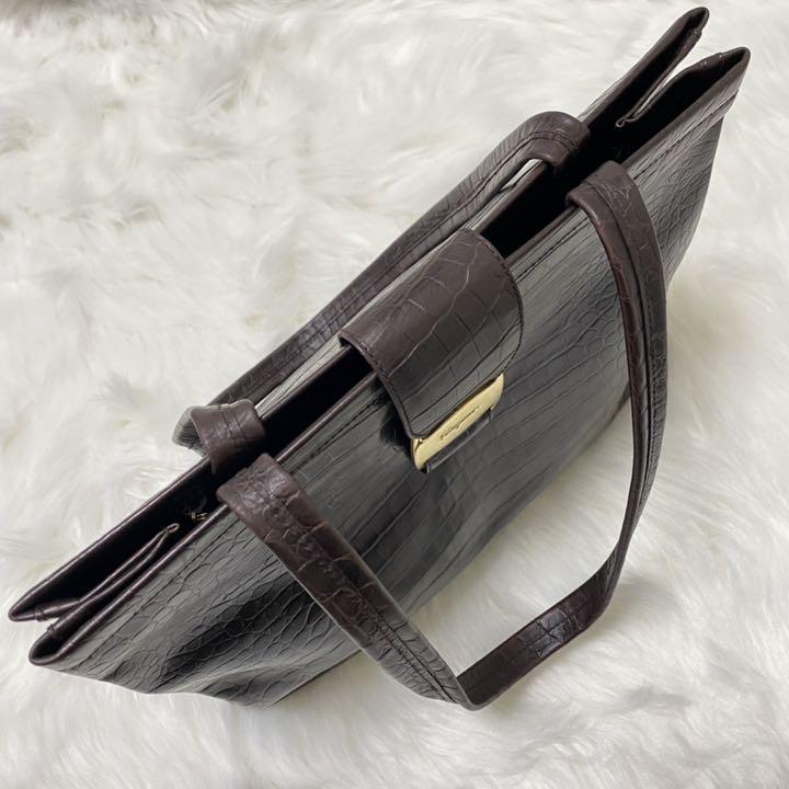 安い日本製 美品 フェラガモ トートバッグ ヴァラリボン クロコ型押し レザー ブラウン LZXsa-m13273669130 国産低価